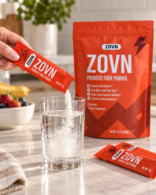 ZOVN prebiotic fiber powder mixed into a drink