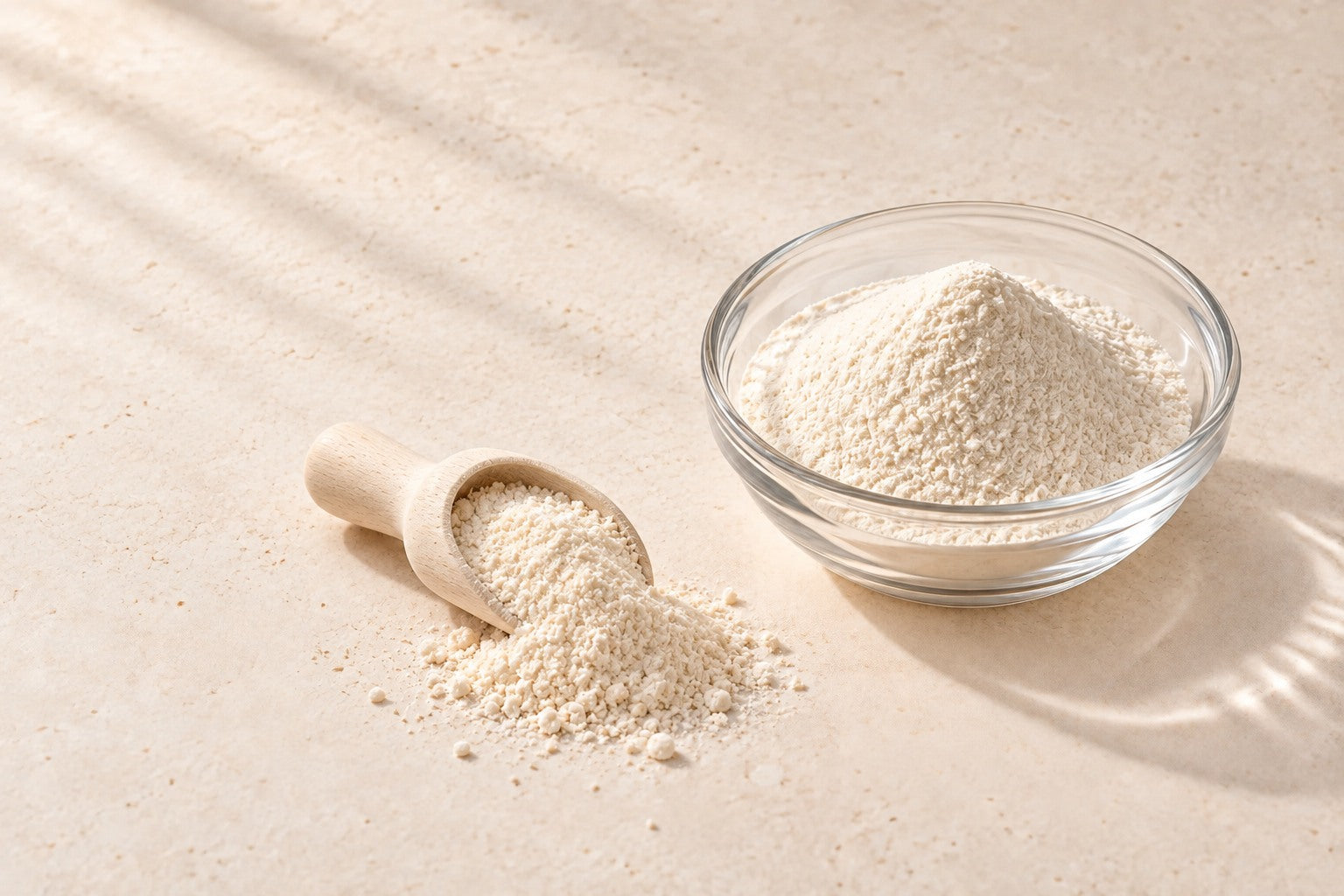 Fine prebiotic fiber powder in a glass bowl on a warm ivory surface