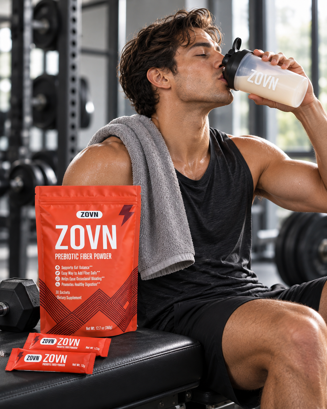 Man holding a ZOVN sachet in an urban setting
