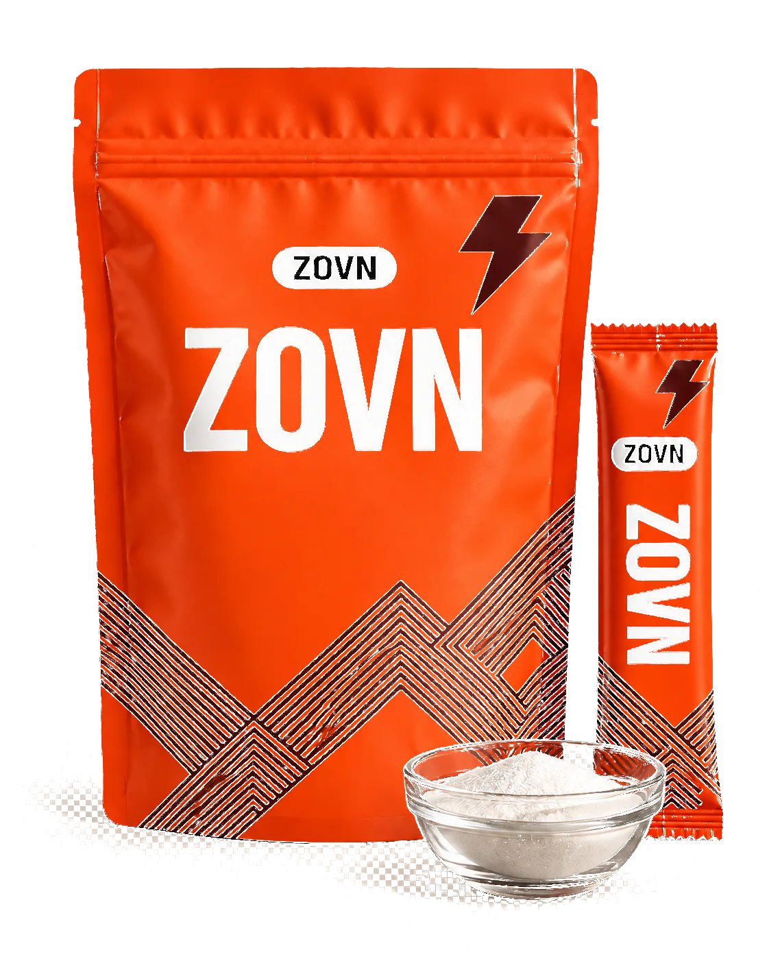 Orange ZOVN prebiotic fiber powder pouch, single-serve sachet, and powder bowl