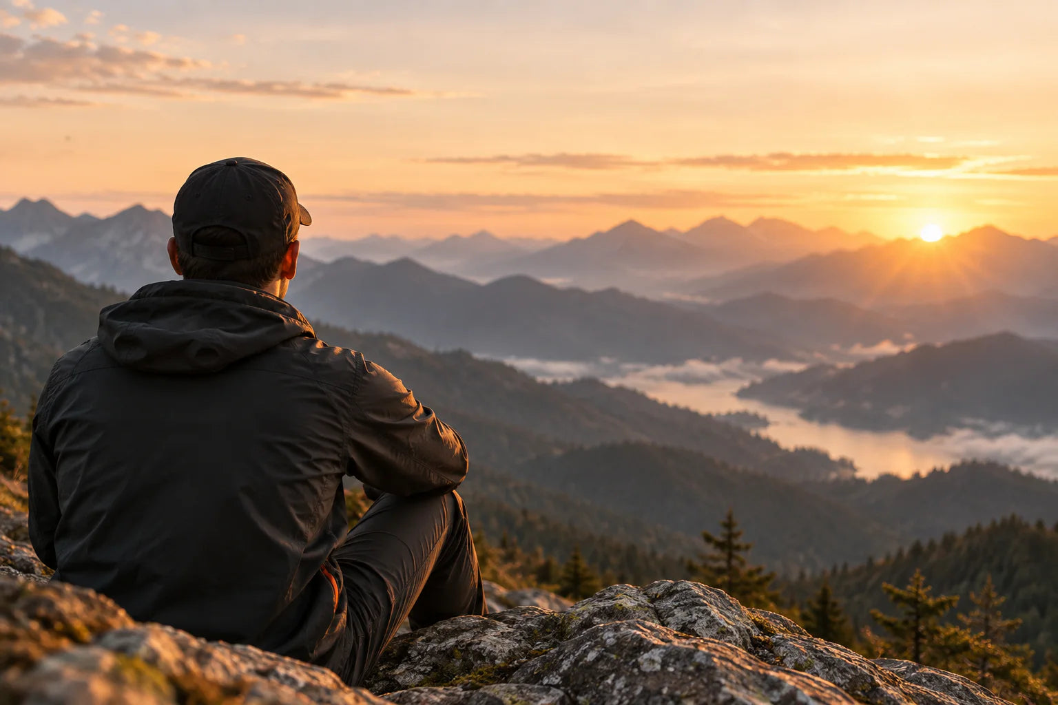 Person looking across a mountain landscape at sunrise